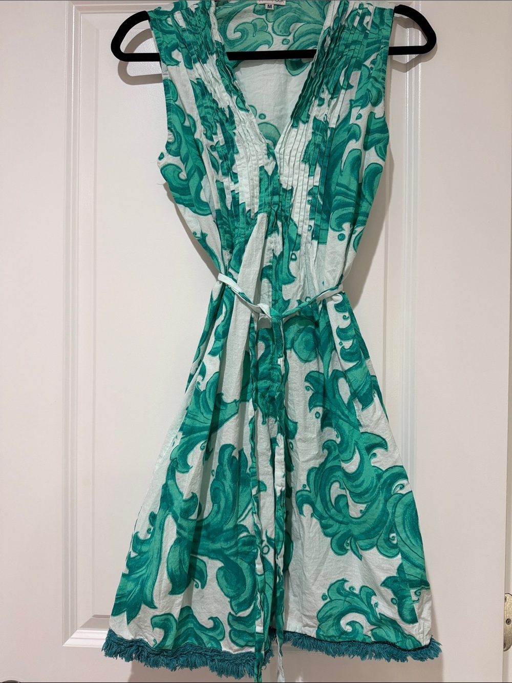 Green Swirl Print Mini Dress - Sleeveless Tie Waist